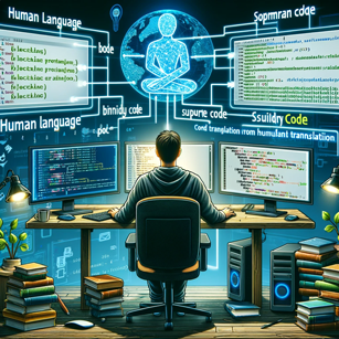 A visual metaphor representing the concept of a programmer as a translator in the field of informatics. The image should depict a programmer sitting a