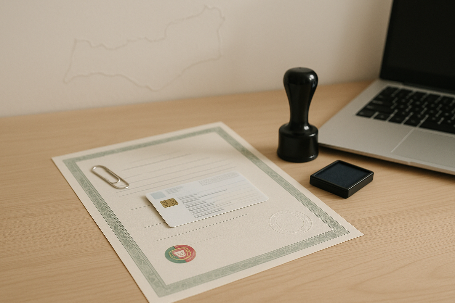 Documentos preparados para tradução certificada em Faro numa mesa de notário.