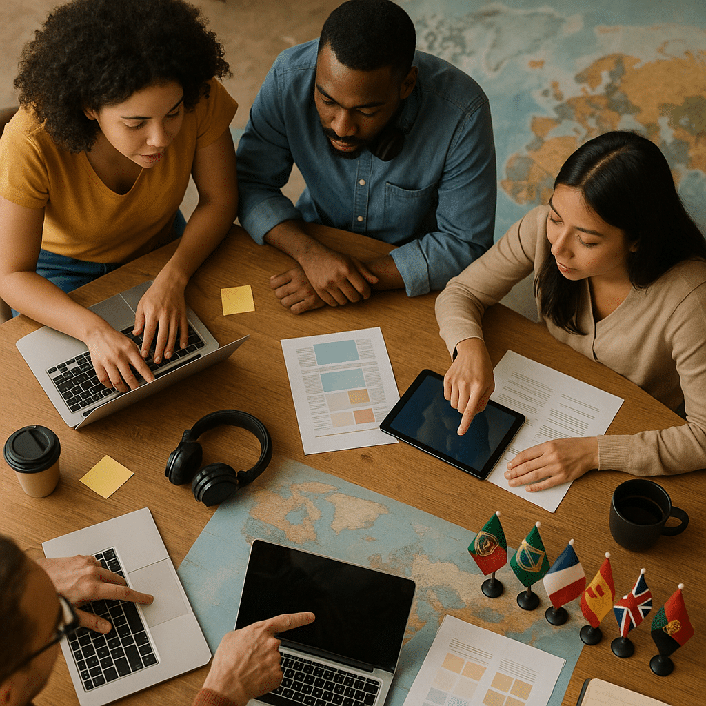 Equipa de trabalho numa empresa de tradução internacional