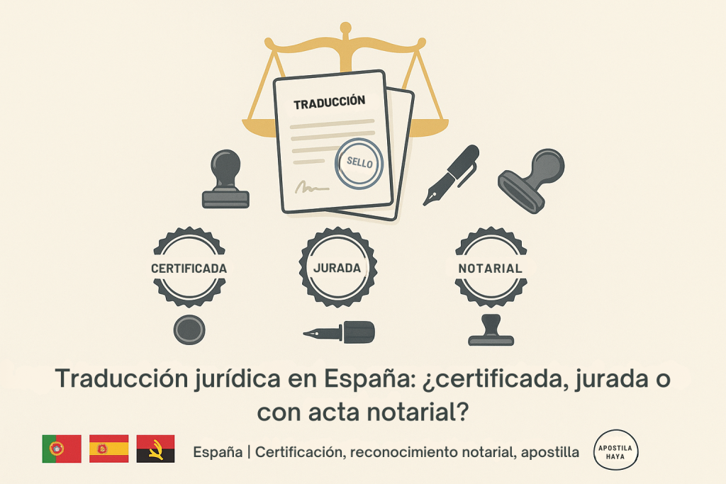 Guía clara para elegir entre traducción jurada, certificada ante notario y legalización/apostilla. Diferencias con Portugal y Angola y pasos prácticos.