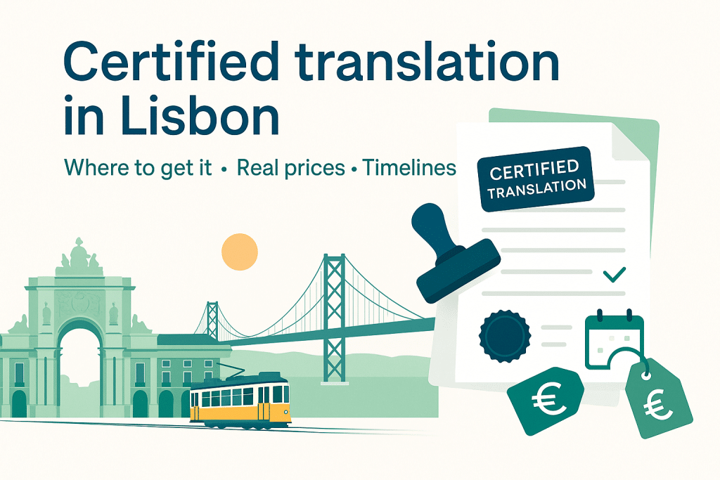 Certified translation in Lisbon documents on a desk with notary stamp.