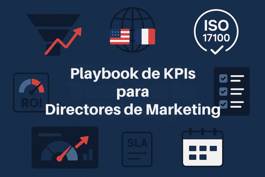 Dashboard de KPIs para servicios de traducción de idiomas en marketing.