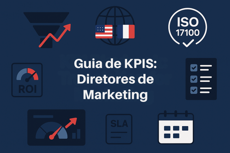 Dashboard de KPIs para serviços de tradução de idiomas em marketing.