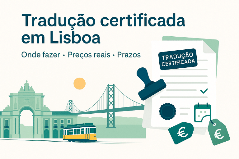Dossier de tradução certificada em Lisboa com carimbo notarial.