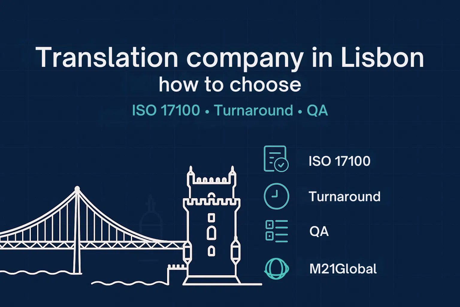 Translation company in Lisbon: how to choose (ISO 17100, turnaround, QA) 1 Translation company in Lisbon: ISO 17100 certified, realistic turnaround times, and robust QA, illustrated with the 25 de Abril Bridge and Belém Tower.