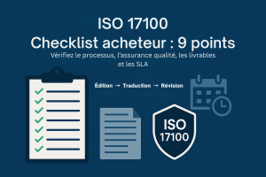 auditeur examinant un flux de services de traduction certifiés ISO 17100