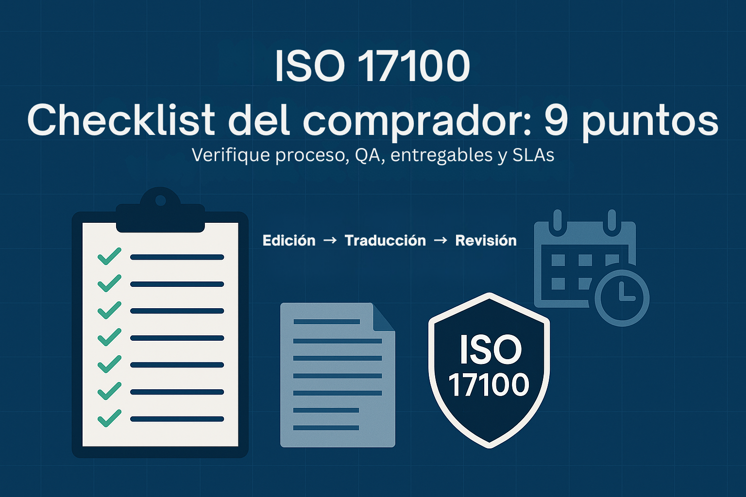 Servicios de traducción certificados ISO 17100: checklist de 9 puntos para compradores 1 auditor revisando flujo de servicios de traducción certificados ISO 17100
