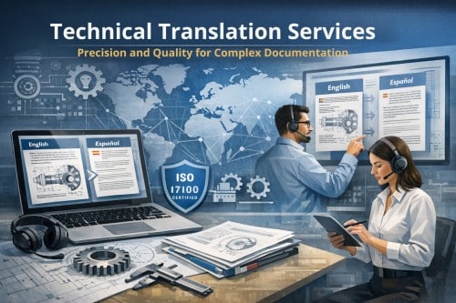 Technical Translation Services: Precision and Quality for Complex Documentation 1 Technical translation services workspace with engineering documentation and multilingual content