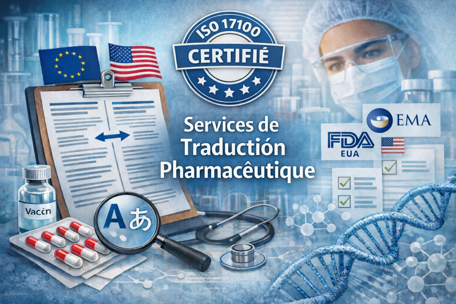 Services de Traduction Pharmaceutique : Garantir la Conformité Réglementaire sur les Marchés Mondiaux 1 Documentation de services de traduction pharmaceutique montrant les soumissions réglementaires et l'étiquetage multilingue des médicaments