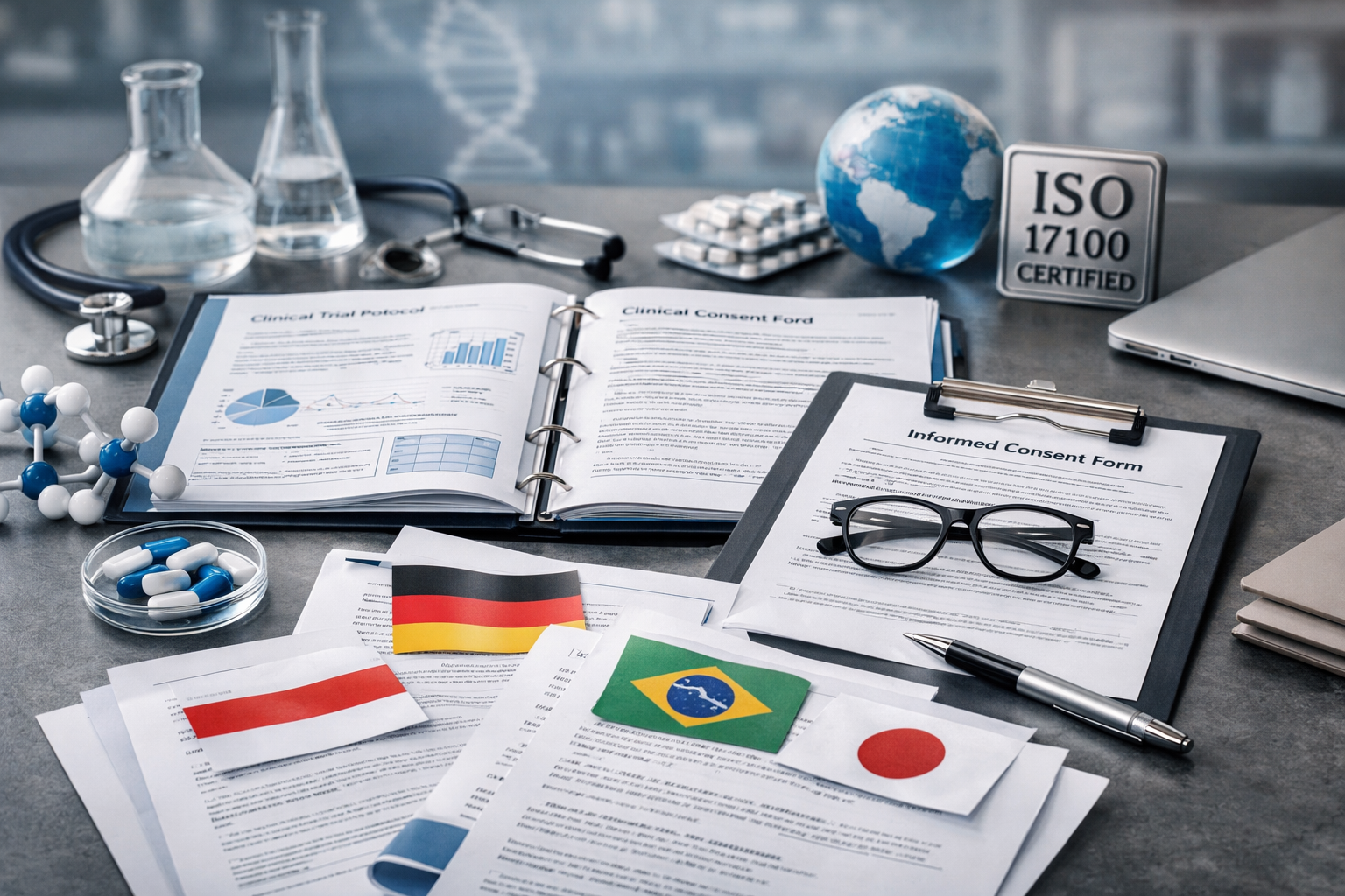 Tradução de Documentação Clínica: Precisão para o Sucesso Global dos Ensaios 1 Espaço de trabalho de tradução de documentação clínica com protocolos de ensaios e documentos médicos multilingues