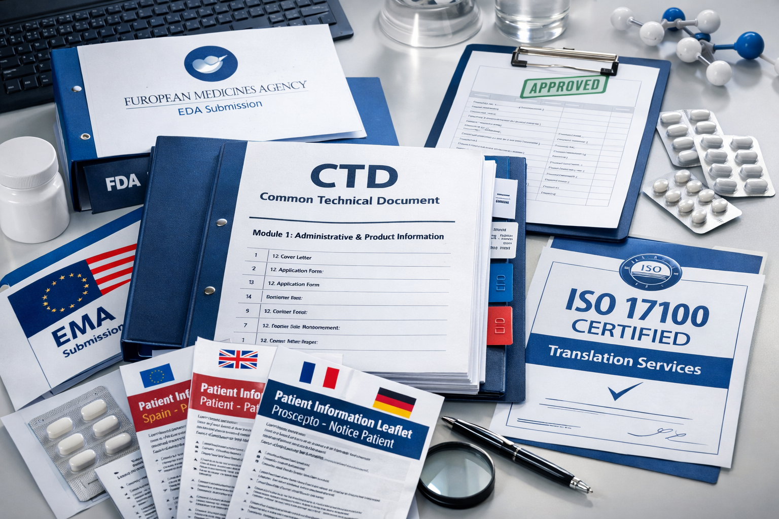 Tradução Regulamentar Farmacêutica: Garantir Conformidade para Autorização de Mercado Global 1 Espaço de trabalho de tradução regulamentar farmacêutica com documentos de submissão CTD e informação de produto multilingue para conformidade EMA