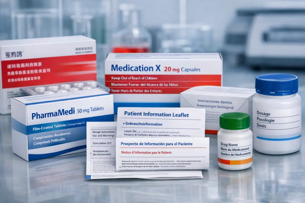 Tradução de Rotulagem de Medicamentos: Precisão para Conformidade Farmacêutica 4 Materiais de tradução de rotulagem de medicamentos mostrando embalagens farmacêuticas com informação do produto multilíngue