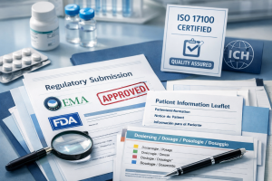 M21Global Traductions – Services de Traduction Professionnels 7 Documentation de traduction de compliance pharmaceutique avec tampons d'approbation réglementaire et matériaux d'information produit multilingue